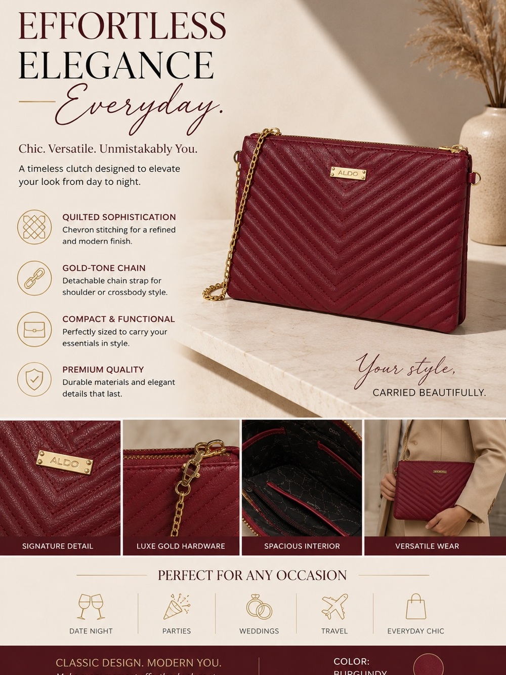 ALDO Burgundy Quilted Chevron Clutch with Gold Chain